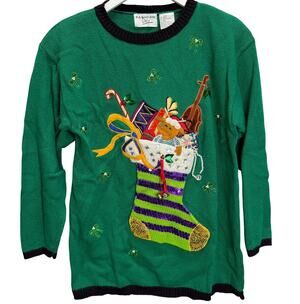 Vintage Fashion Only Christmas Sweater Green Stocking Bells Embellished Size M